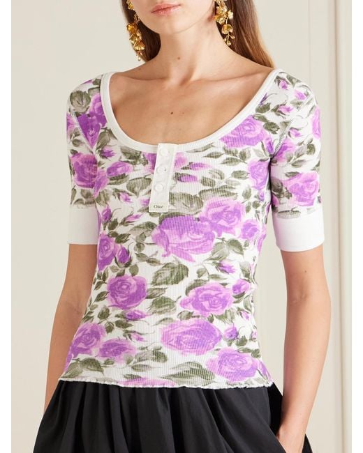 Chloé Pink Floral-Print Ribbed Stretch-Cotton Jersey T-Shirt