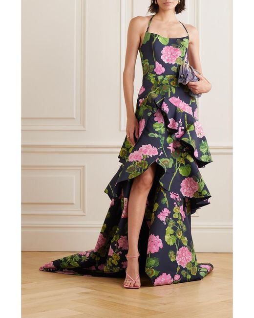 Oscar de la Renta White Ruffled Floral-Print Silk-Faille Halterneck Gown