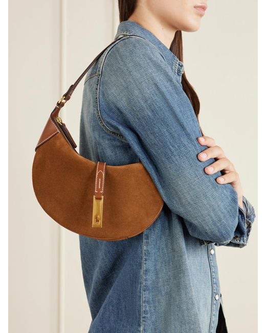 Polo Ralph Lauren White Leather-Trimmed Suede Shoulder Bag