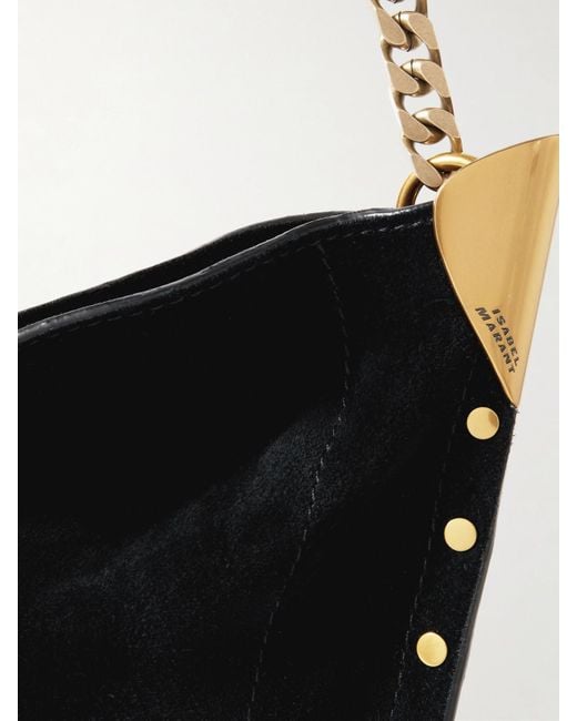 Isabel Marant Black Oskan Leather-Trimmed Tasseled Studded Suede Shoulder Bag