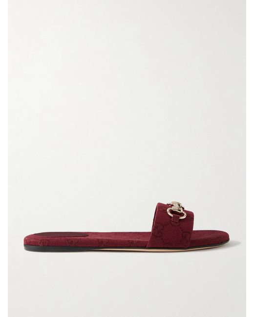 Gucci Red Siaga Horsebit-Detailed Canvas-Jacquard Slides