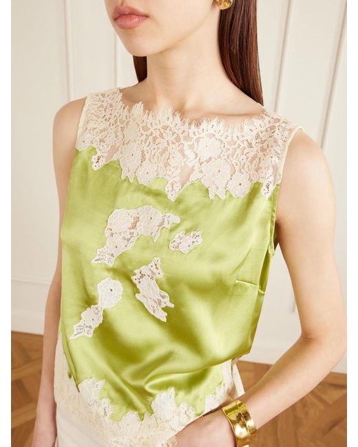 Doen Yellow Viviane Lace-Trimmed Silk-Satin Top