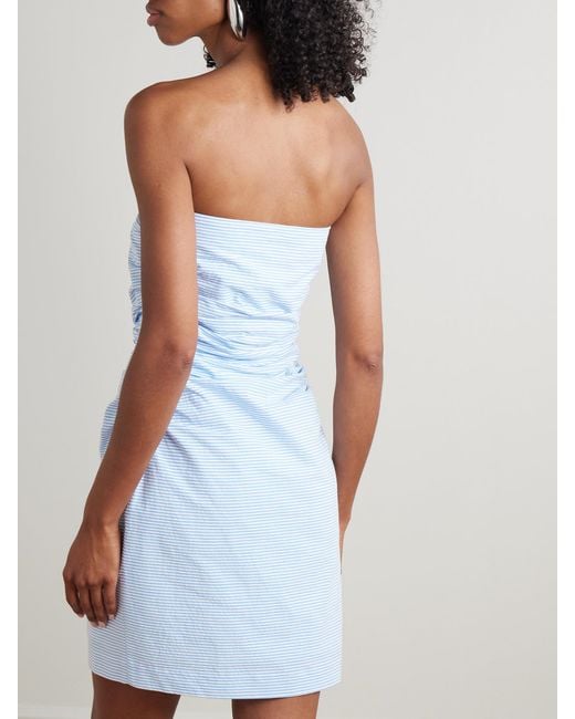BERNADETTE Blue Vera Strapless Ruched Striped Cotton-Seersucker Mini Dress