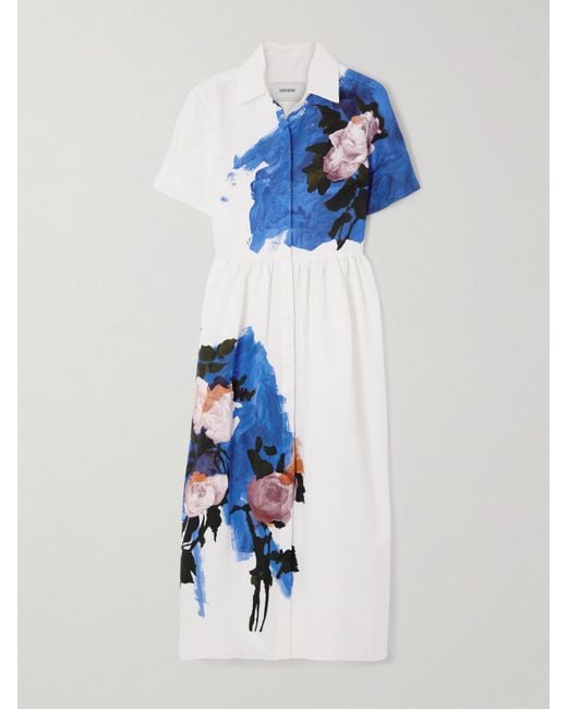 Erdem Blue Gathered Floral-Print Cotton-Blend Faille Midi Dress