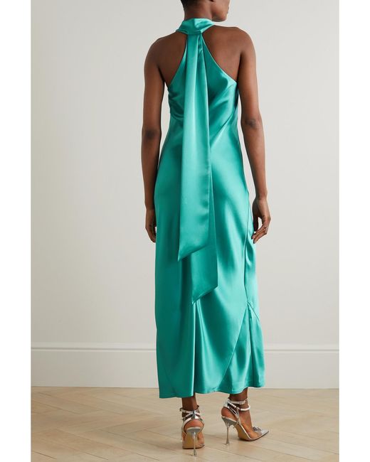 Galvan Green Pandora Satin Halterneck Maxi Dress