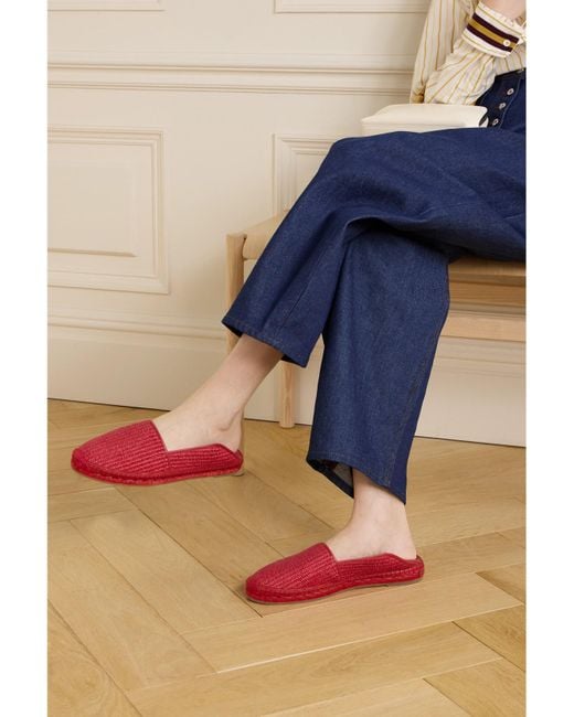 Manolo Blahnik Red Espadra Collapsible-Heel Leather-Trimmed Raffia Espadrilles