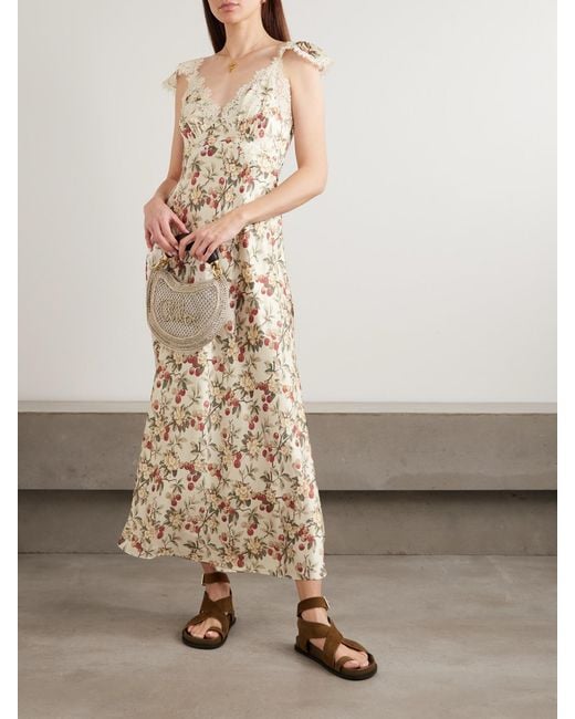 Doen Natural Fiona Lace-Trimmed Floral-Print Silk-Satin Midi Dress