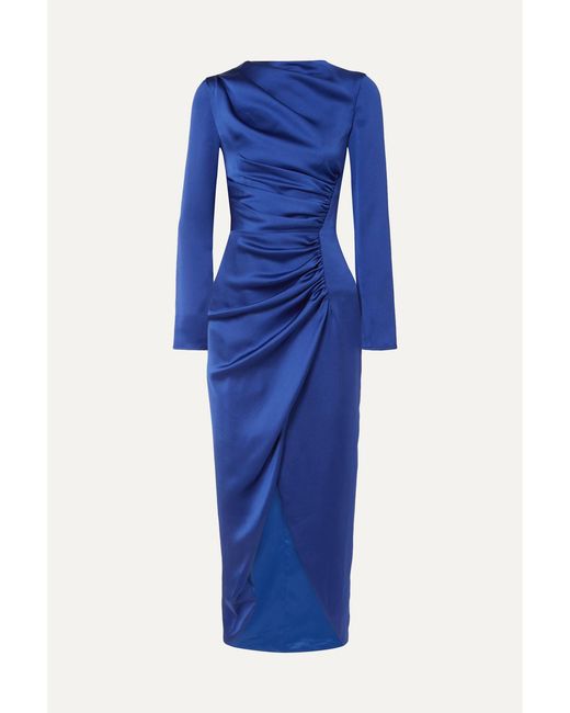 Rasario Blue Gathered Satin Midi Dress