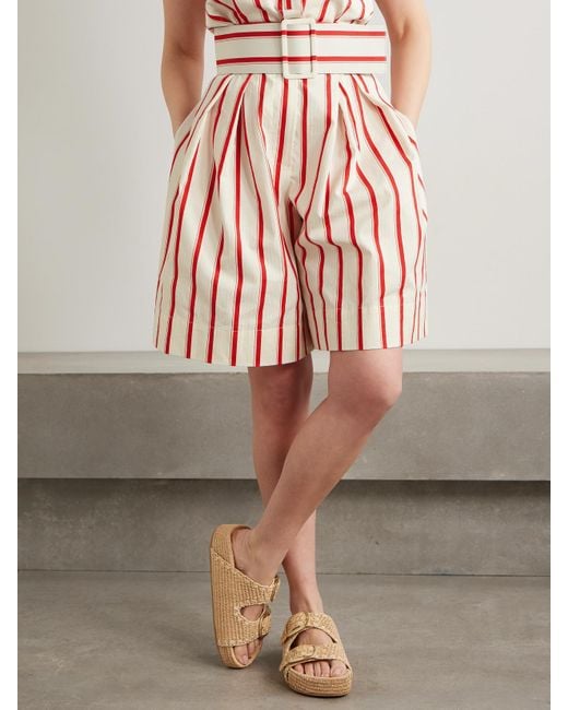 Rosie Assoulin Red Gestreifte Shorts Aus Einer Baumwollmischung Mit Fischgratmuster, Falten Und Gürtel