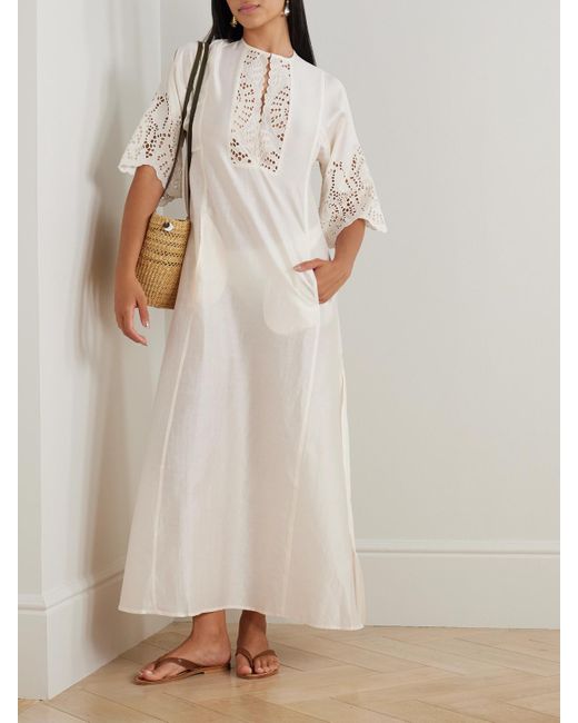 Thierry Colson White Rachel Kaftan Aus Einer Baumwoll-Seidenmischung Mit Lochstickerei