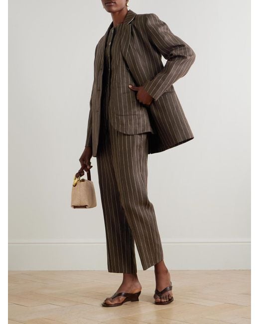 Posse Brown Thea Pleated Pinstriped Linen-Twill Straight-Leg Pants