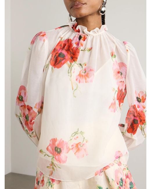 Zimmermann Pink Lightburst Ruffled Floral-Print Cotton And Silk-Blend Voile Blouse