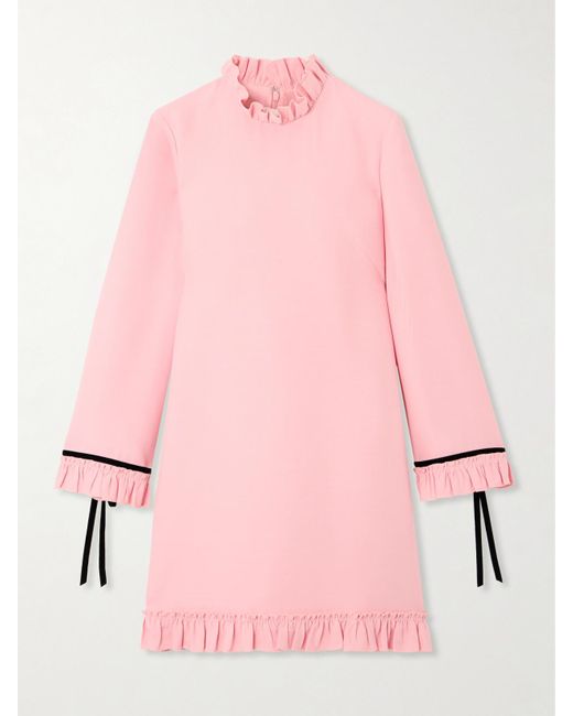 Mini-Robe En Crêpe De Laine Et De Soie Mélangées À Finitions En Velours Et À Volants Valentino Garavani en coloris Pink