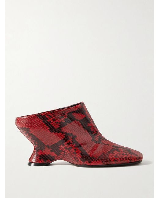 Dries Van Noten Red Snake-Effect Leather Mules