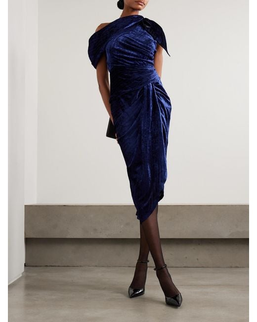 Isabel Marant Blue Cyane Asymmetric Ruched Devoré-Velvet Midi Dress