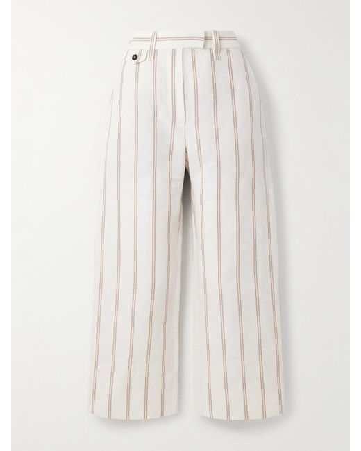 Brunello Cucinelli White Verkürzte Hose Mit Weitem Bein Aus Einer Gestreiften Leinen-Baumwollmischung