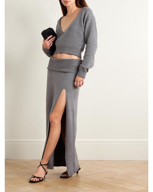 Skims Gray Textured Knit High Slit Long Skirt – Dark Heather – Maxirock Aus Strukturiertem Strick