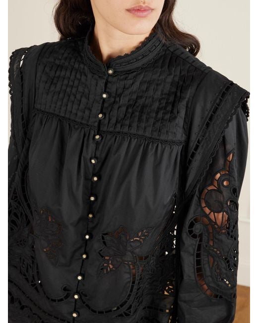 Farm Rio Black Richilieu Pleated Broderie Anglaise Cotton Blouse