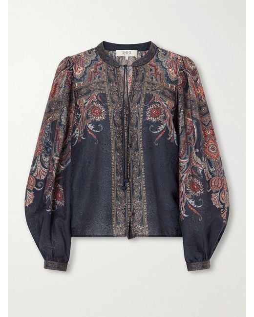 Sea Blue Hyacinth Tie-Detailed Printed Chiffon Blouse