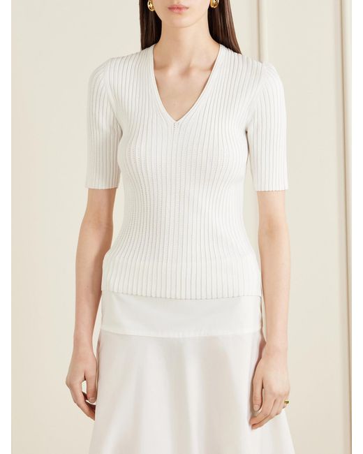 Theory White Pointelle-Knit Crepe T-Shirt