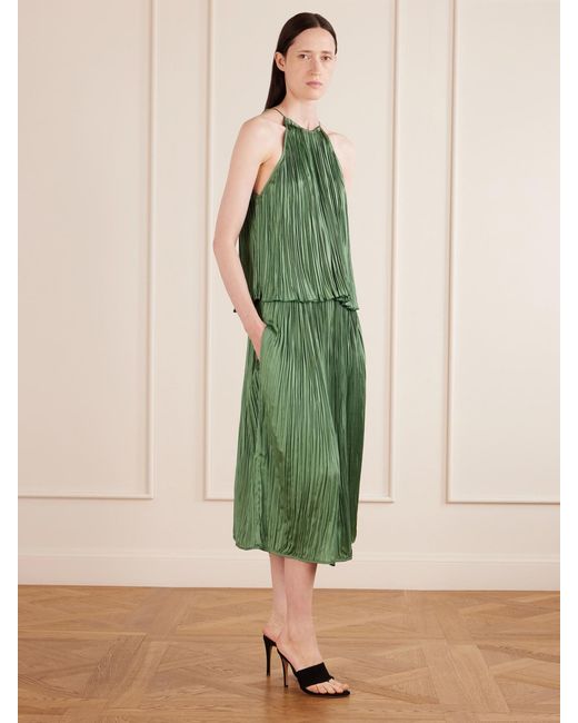 Aflalo Green Avelline Plissé-Satin Midi Skirt
