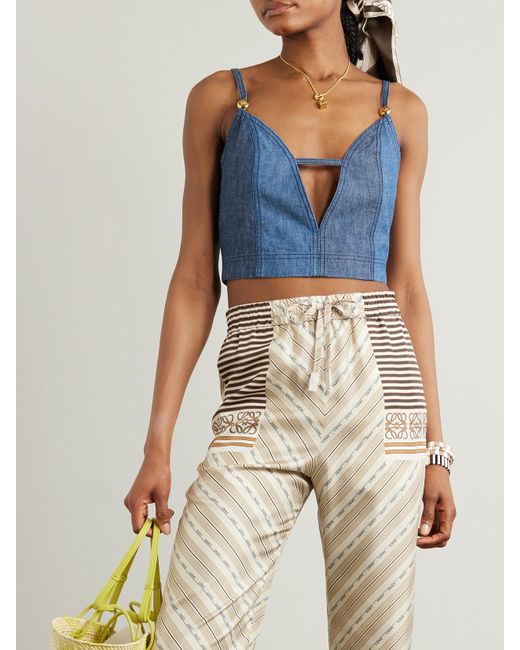 Loewe Blue Paula's Ibiza Cropped Cutout Embellished Denim Bustier Top