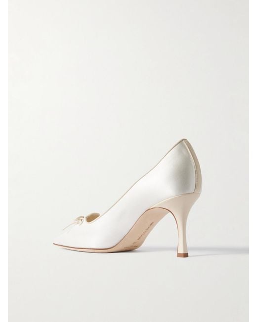 Manolo Blahnik White Zaman 70 Leather-Trimmed Satin Point-Toe Pumps