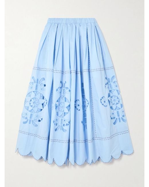 Vita Kin Blue Havana Scalloped Pleated Broderie Anglaise Cotton-Poplin Midi Skirt