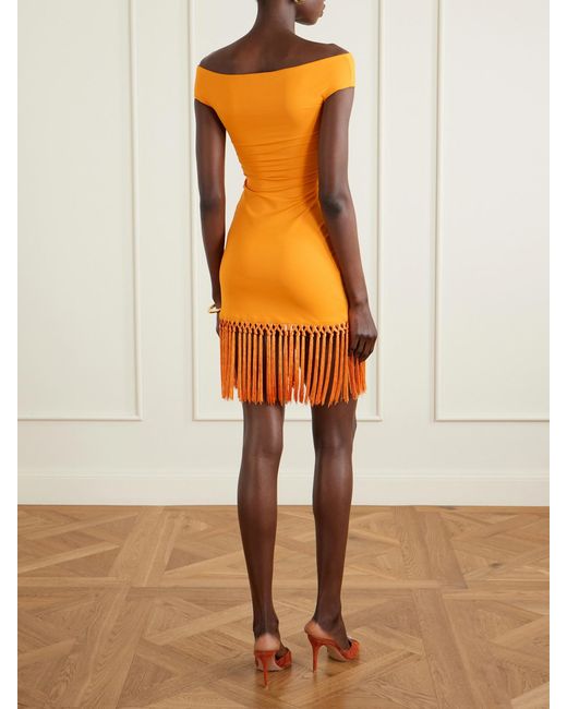 Taller Marmo Orange Romy Off-The-Shoulder Fringed Jersey Mini Dress
