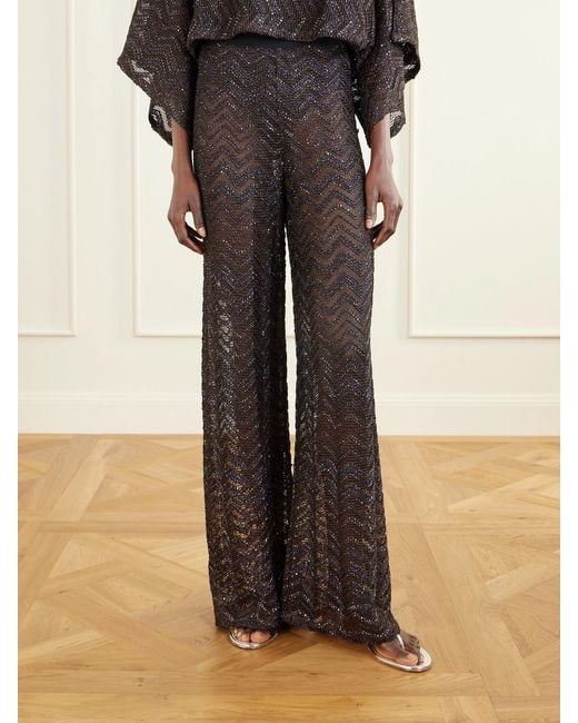Missoni Blue Sequin-Embellished Crochet-Knit Wide-Leg Pants