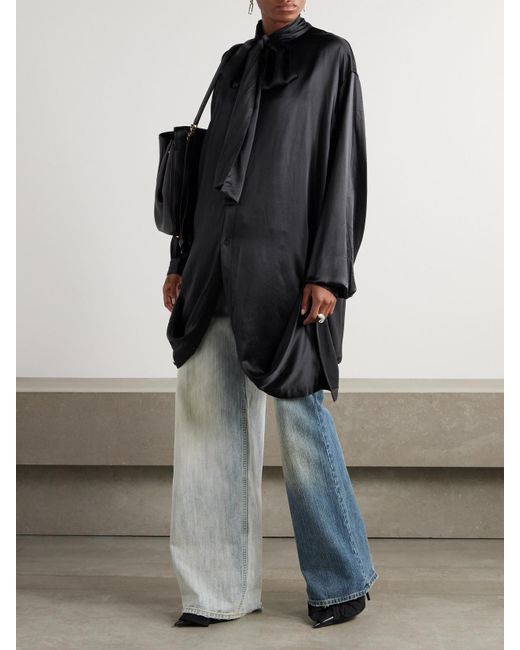 Balenciaga Black Pussy-Bow Silk-Satin Blouse