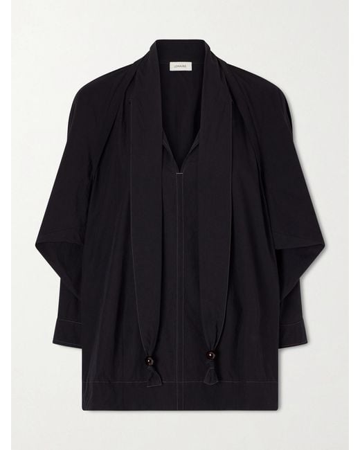 Lemaire Blue Scarf-Detailed Embellished Crinkled Cotton-Crepe Blouse