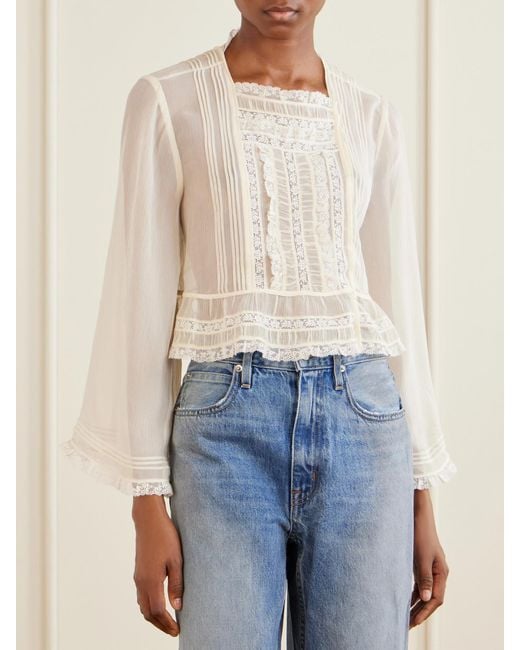 Doen White Lace-Trimmed Silk-Chiffon Shirt
