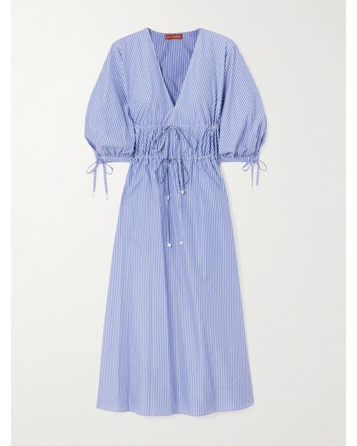 Altuzarra Blue Donrine Faux Pearl-Embellished Tie-Detailed Striped Cotton Midi Dress