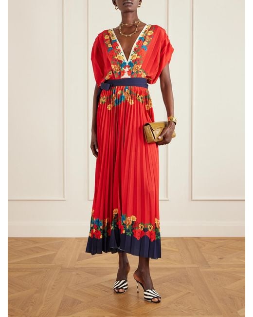 LaDoubleJ Red Accordion Pleated Floral-Print Crepe De Chine Maxi Dress
