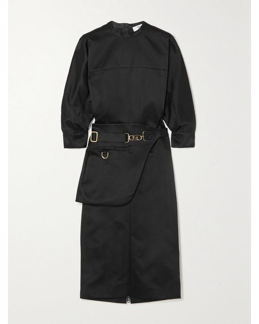 Fendi Black Belted Paneled Silk-Satin Midi Dress