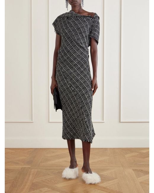 Erdem Black Asymmetric Cotton-Blend Tweed Midi Dress