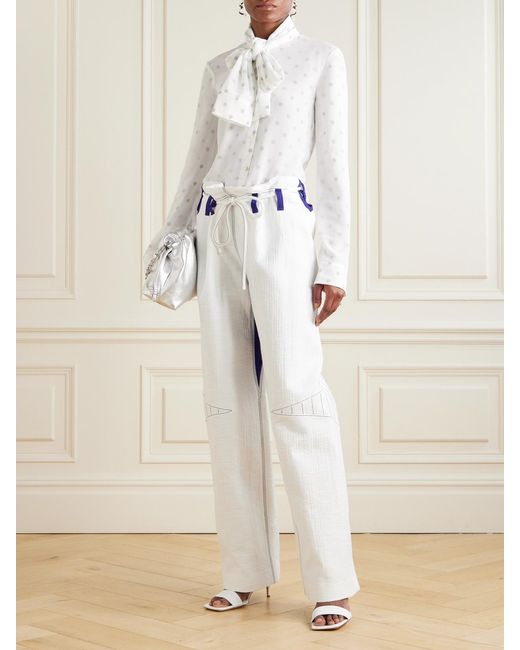 Tory Burch White Embroidered Jersey-Trimmed Cotton-Blend Gauze Wide-Leg Pants