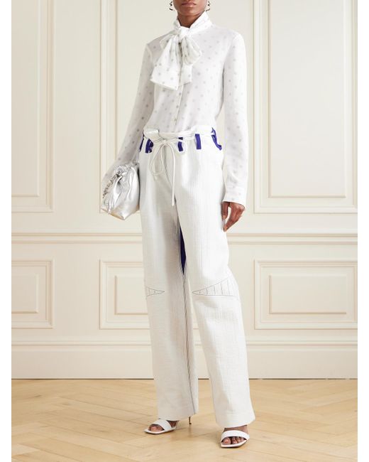 Pantalon Large En Gaze De Coton Mélangé À Finitions En Jersey Et À Broderies Tory Burch en coloris White
