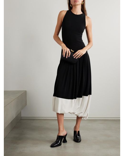 Victoria Beckham Black Asymmetric Two-Tone Gathered Stretch-Jersey Midi Dress