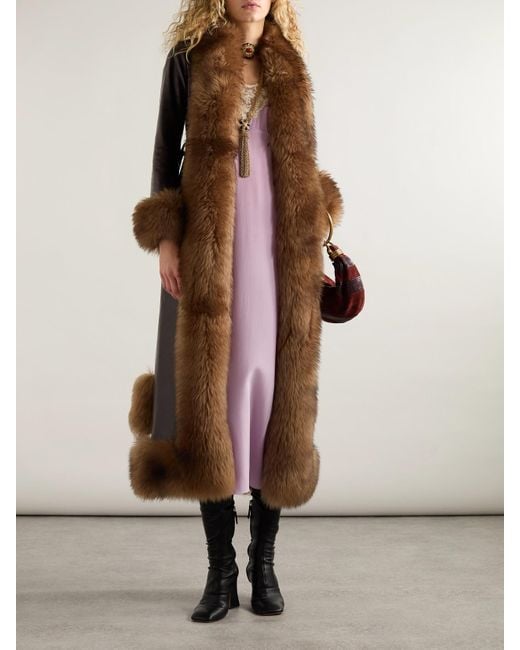 Chloé Brown Fleece-Trimmed Belted Leather Coat