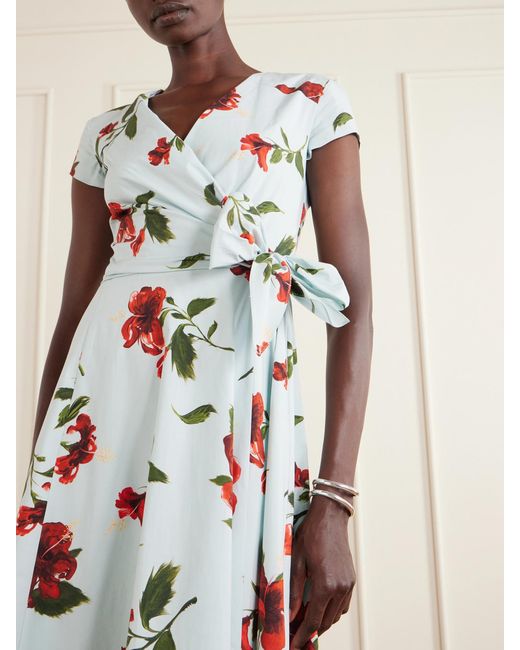 Oscar de la Renta White Floral-Print Cotton-Poplin Wrap Midi Dress