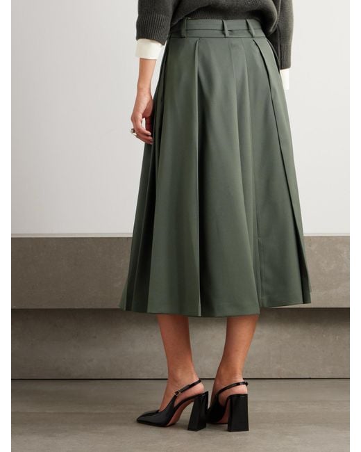 Patou Green Belted Pleated Stretch-Wool Twill Midi Skirt