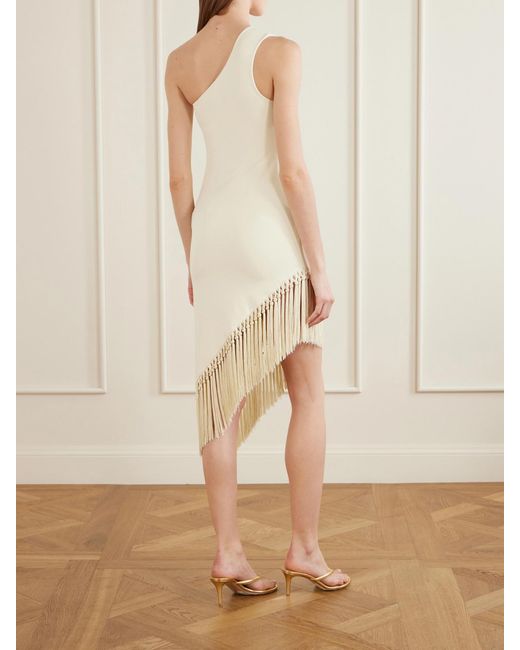 Taller Marmo White Yacare One-Shoulder Asymmetrical Fringed Jersey Midi Dress