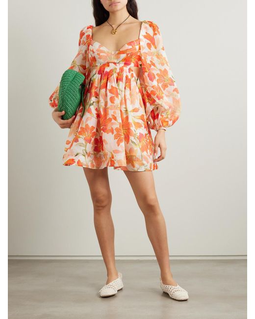 Zimmermann Orange Tranquility Open-Back Floral-Print Linen And Silk-Blend Voile Mini Dress