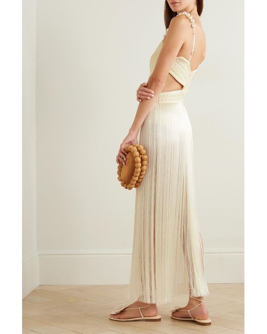 PATBO Faux Pearlembellished Crocheted Fringed Satin Maxi Dress in