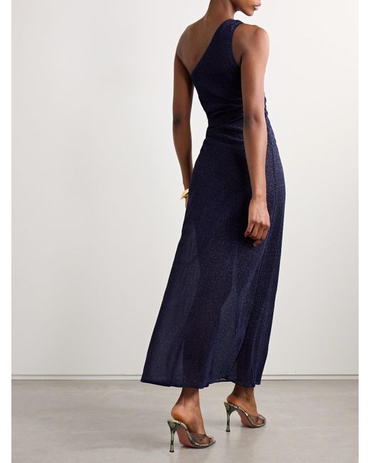 Oseree Blue Lumière One-Shoulder Cutout Metallic Stretch-Knit Maxi Dress