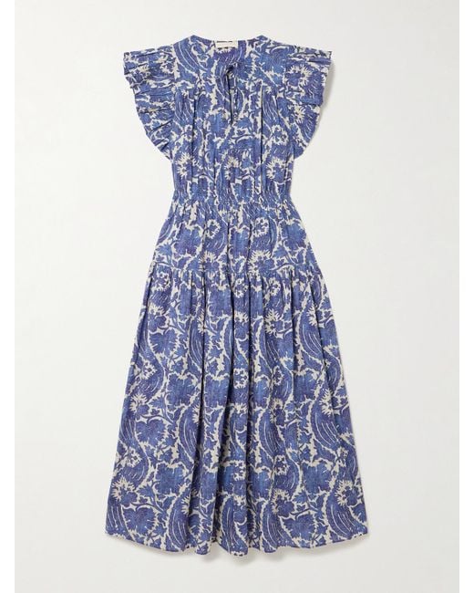 Robe Midi En Coton Mélangé À Imprimé Fleuri Et À Volants Kairi Ulla Johnson en coloris Blue