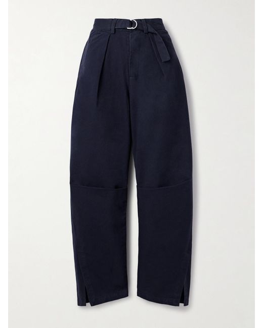 Sea Blue Carolyn Belted Pleated Cotton-Canvas Barrel-Leg Pants