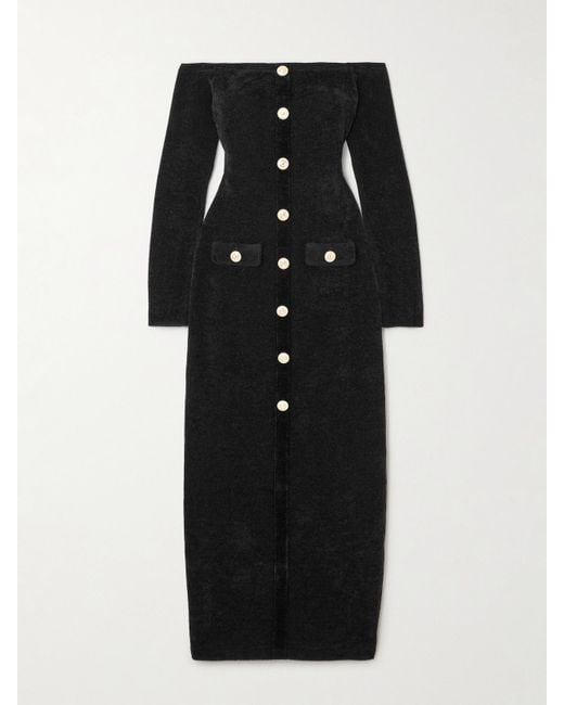Self-Portrait Black Off-The-Shoulder Button-Embellished Chenille Midi Dress